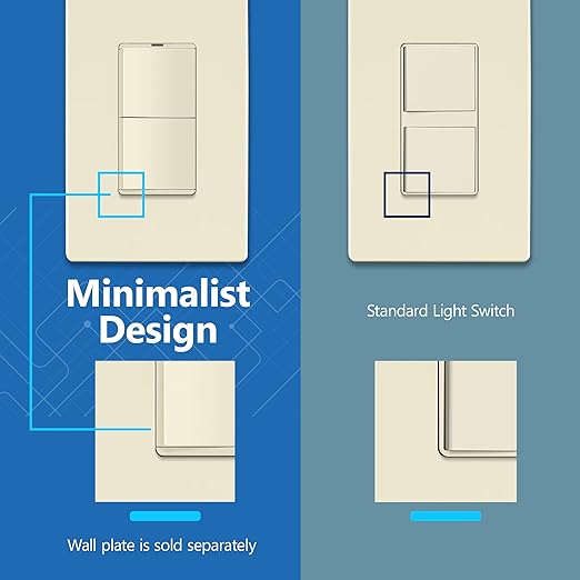 LIDER Minimalist Design Matte Finish Lighted Double Switch, Combination Frameless Decorator Switch with Locator Light, Ground Terminal, Single Pole, 15A 120-277V, UL Listed, LCS2-1P-LA, Light Almond