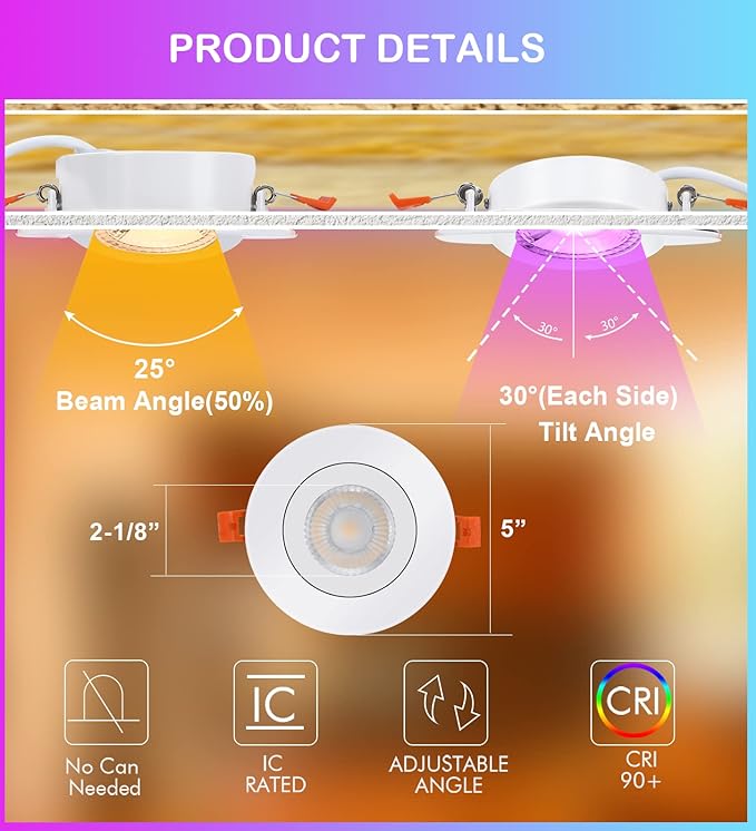 CLOUDY BAY 4 inch Eyeball Smart LED Recessed Light,Color Changing Recessed Lighting,Compatible with Alexa and Google Home Assistant,4 Pack