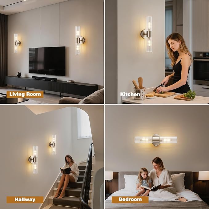 Bathroom Light Fixtures 2-Light, Modern Vanity Light for Bathroom, Wall Sconce, Bath Light with Glass Rods Shades for Mirror Bedroom Hallway (Brushed Nickel)
