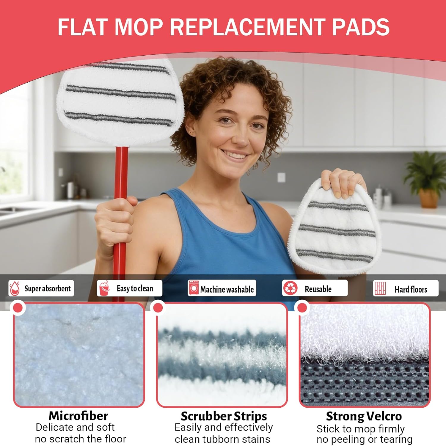Triangule Flat Mop Replacement Pads, Spin Mop Pad Replacement, 5 Pack Mop Refill Pads, 1 Mop Base and 1 Scraper for Cleaning Floor, Wall, Ceiling, Easy to Replace