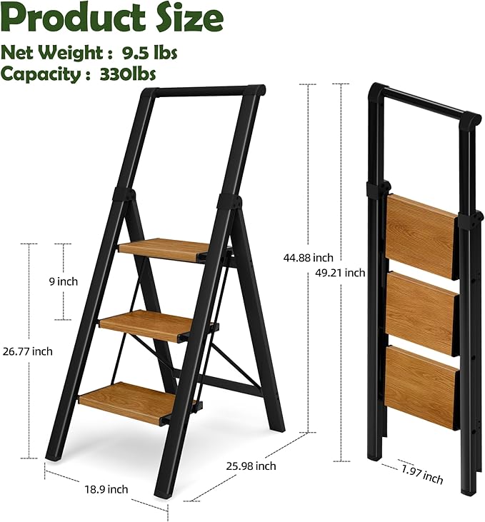 Taranta 3 Step Ladder, Portable Folding Ladder with Wide Pedal,Lightweight Aluminum Step Stool with Convenient Handgrip,330 lbs Capacity Stepladder for Home, Office-BlackWoodgrain