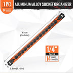 Magnetic Socket Organizer, 1-Piece Heavty Duty Aluminum Socket Holder, Socket Rail for Tool Box, Premium Quality 360° Swivel Socket Rack with 14 Clips for 1/4-Inch(Orange)