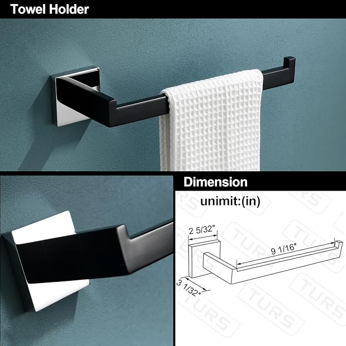 TURS 5-Piece Bathroom Hardware Set Matte Black and Polished Chrome Towel Bar Holder Set Hand Towel Holder Toilet Paper Holder and 2 Towel Hooks,Stainless Steel Wall Mounted