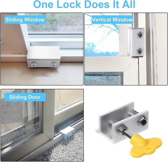 Window Locks,(2 Sets) Sliding Window Locks with Key,Window Locks Security for Up and Down Windows,Adjustable Aluminum Window Stopper,Easv to Install Vertical Window AC Unit Security Lock (Silver)