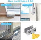 Window Locks,(2 Sets) Sliding Window Locks with Key,Window Locks Security for Up and Down Windows,Adjustable Aluminum Window Stopper,Easv to Install Vertical Window AC Unit Security Lock (Silver)