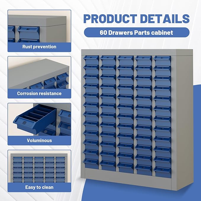 60-Drawer Parts Storage Cabinet, Multi-Purpose Organizer for Screws, Bolts, Nails, Craft Supplies, Legos, Tools, Compact Plastic Drawer Unit, Hardware Organizer for Garage, Workshop, Classroom