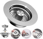 3-in-1 Kitchen Sink Drain Strainer - Pop Up Sink Stopper, Stainless Steel Sink Drain Strainer, Kitchen Sink Stopper & Drain Plug with Anti-Clogging Basket,Sink Strainer Fits US Standard 3-1/2'' Drains