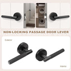 4 Pack Passage Knurled Door Handle Interior, Matte Black Door Lever for Closet and Hallway Doors, Modern Round Reversible Non-Locking Handle Lever