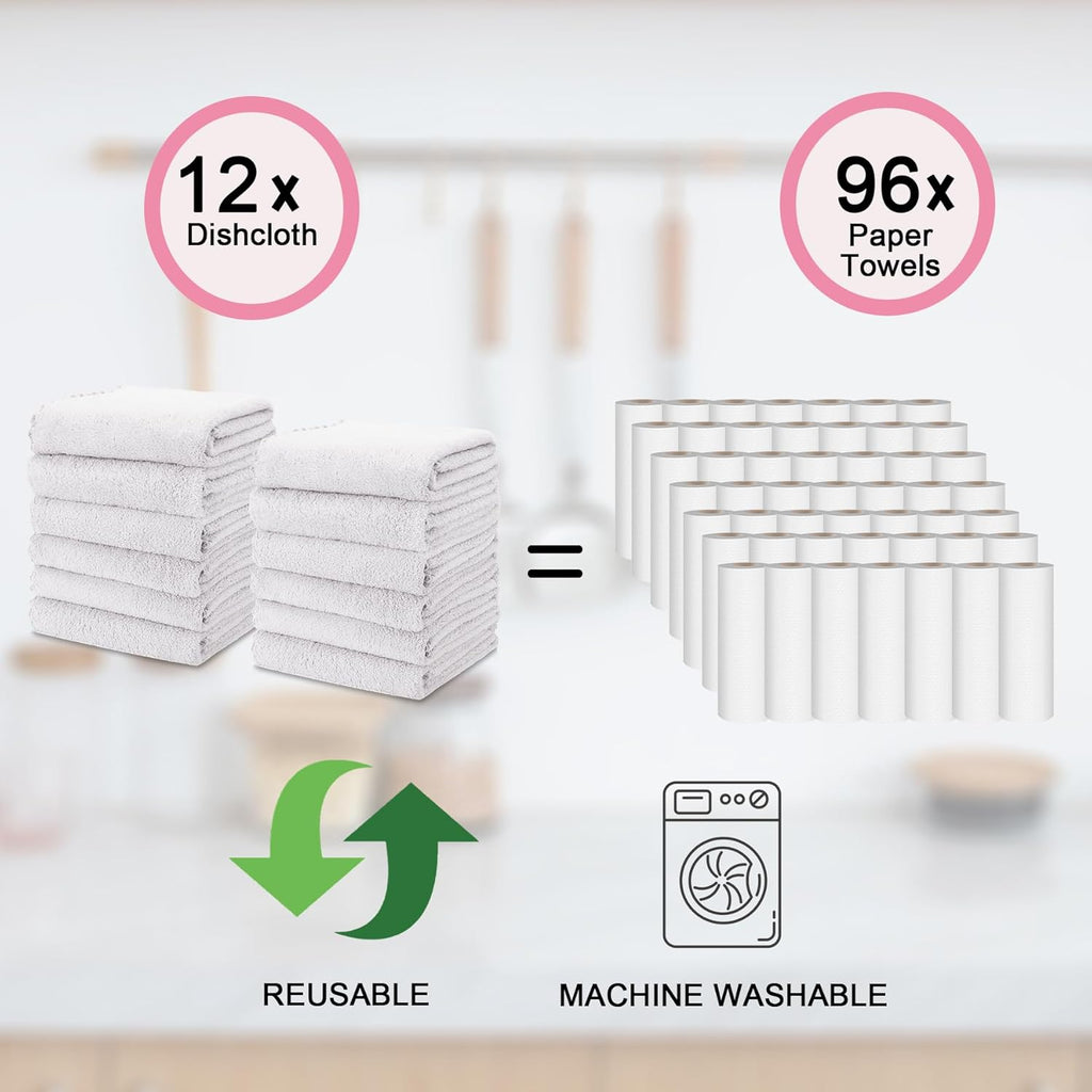 kimteny Kitchen Cloth Dish Towels, 13x28 Inches Premium Dishcloths, Super Absorbent Coral Velvet Microfiber Cleaning Cloths, Fast Drying Rags for Washing Dishes (13x28-12 Pack, White)