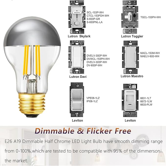 Dimmable Half Chrome Light Bulb, 6W Equivalent 60W,E26 A19 Silver Dipped Bulb, Anti Glare LED Light Bulbs, A60 3000K Soft White Light Bulbs, AC120V,Pack of 4
