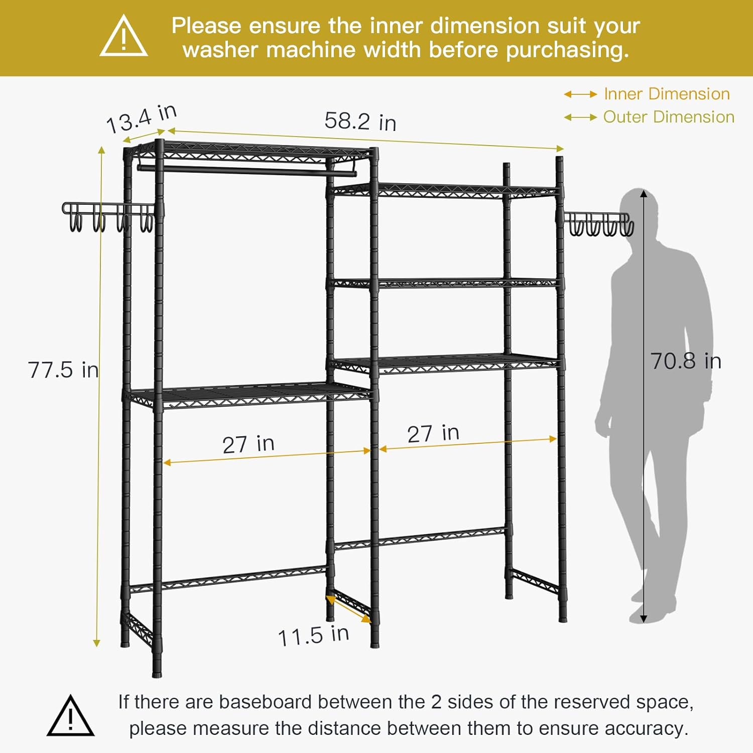 Ulif U5 Over the Washer and Dryer Storage Shelf, Laundry Room Space Saver Bathroom Storage and Organizer Rack for Hanging Towels and Drying Clothes with 5 Wire Shelves, 58.2"W x 13.4"D x 77.5"H, Black