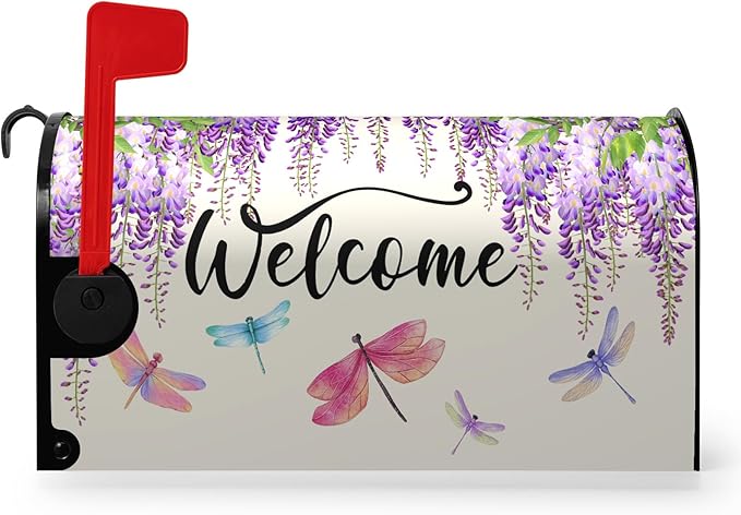 Violet Spring Floral Welcome Mailbox Covers Magnetic Oversized Purple Flowers Dragonflies Mailbox Cover Summer Post Box Cover Wraps Large Size 25.5 X 21 Inch for Home Yard Decorations