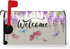 Violet Spring Floral Welcome Mailbox Covers Magnetic Purple Flowers Dragonflies Mailbox Cover Summer Post Box Cover Wraps Standard Size 18 X 21 Inch for Home Yard Decorations