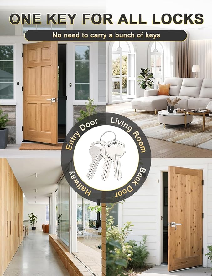 5 Pack Entry Door Levers with Lock and Key, Brushed Nickel Keyed Alike Lockset Combo Pack, Entrance Door Handles for Office and Front Door, Door Knobs Lockset (Each with 3 Keys)