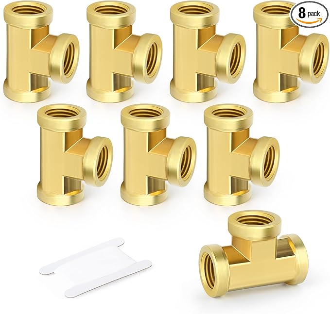 GASHER 8Pcs Brass Tee Fitting, 1/4" x 1/4" x 1/4" NPT Female Pipe Fittings