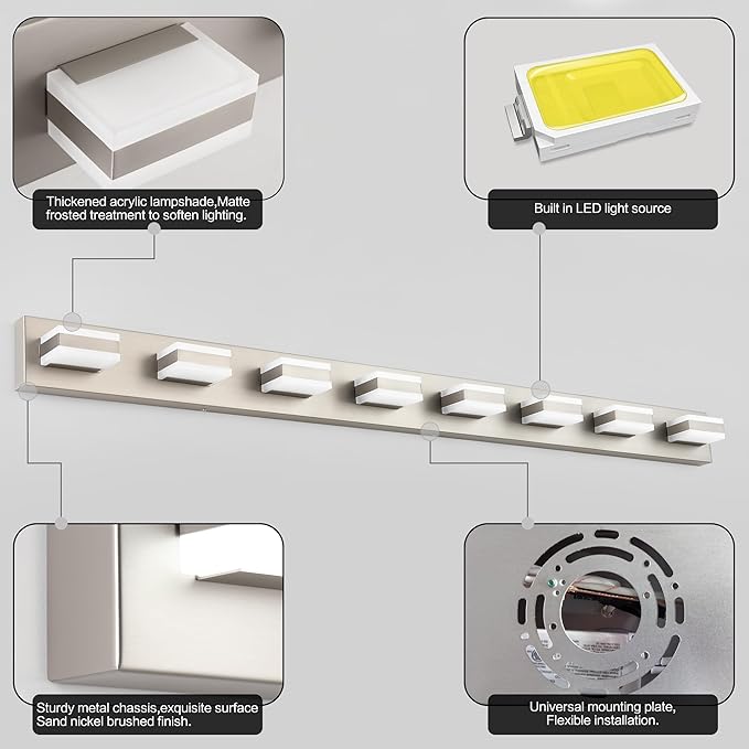 SOLFART Bathroom Light Fixtures Brushed Nickel Vanity Lights for Bathroom Above Mirror, 8 Light Led Lighting Fixture, Nickel Vanity Light, 61 Inch Vanity Light Over Mirror