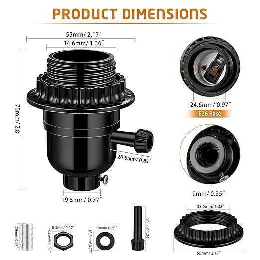 UL Listed E26 Light Socket Replacement,with 2 Lamp Shade Rings,2 ON/Off Turn Knob Types (Short/Long),Other Repair Parts. Fits Table Lamps, Floor Lamps and Light Fixtures,Black (2)
