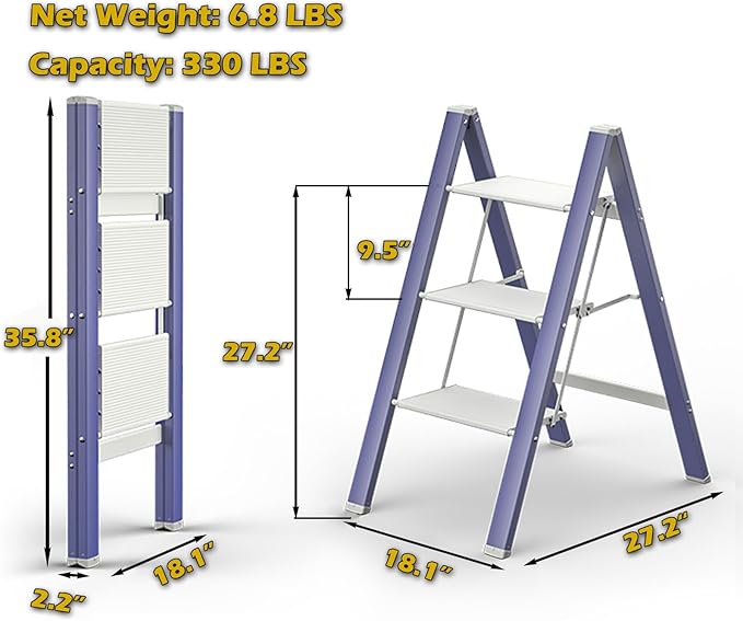 3 Step Ladder,Aluminum Lightweight Folding 3 Step Stool with Anti-Slip Wide Pedal, 330LBS Capacity Step Ladder for Household,Kitchen,Office
