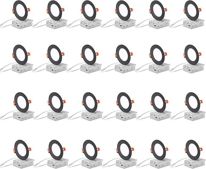 ZYC 4-Inch LED Recessed Lighting - 9W Ultra-Thin LED Ceiling Lights,2700-5000K Selectable,5CCT Dimmable Canless Wafer Downlight,800LM High Brightness,Dimmable Can Lights,Pack of 24 Black.