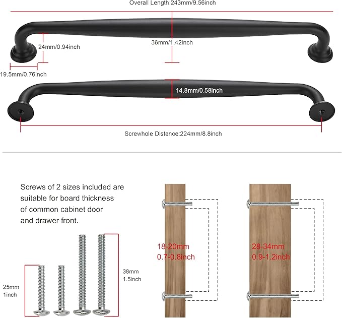 SAILING 5 Pack Cabinet Handles-8.81"/224mm Screw Spacing Matte Black Furniture Hardware Handles for Kitchen Cabinets Bedroom Dresser Wardrobe Cabinet Pulls