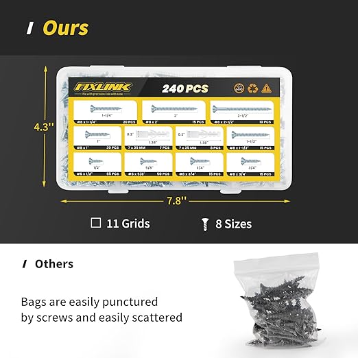 Wood Screws Assortment Kit, FIXLINK 240 PCS High Hardness Flat Head Wood Screws Set, Phillips Drive Assorted Screws, Contain 15PC Anchors and 8 Size (2-1/2”,2”,1-1/2”,1-1/4”,1”,3/4”,5/8”,1/2”), Zinc