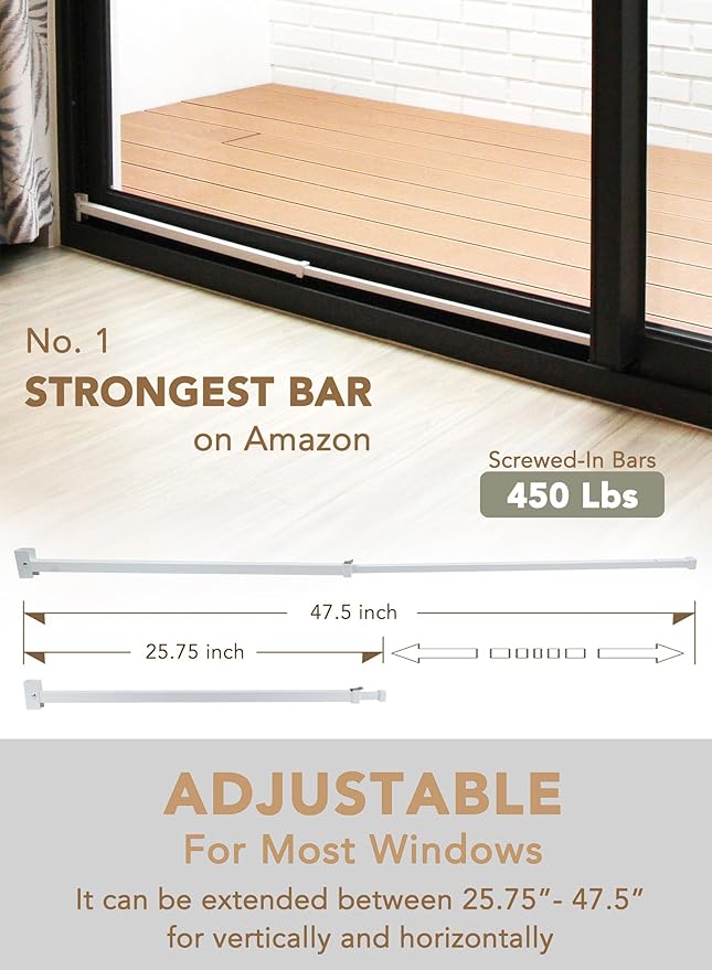 Greatim GT-DB003 Sliding Door Security Lock Bar Adjustable, Child Proof Safety Door Lock Bar, Fits Most Sliding Glass Doors, Bar Lock for Glass Door, Door/Windows Bar Lock Adjustable (25.75"- 47.5")