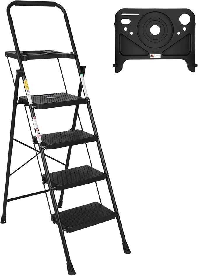 SIMPLI-MAGIC 4-Step Ladder, 800 LBS Capacity Folding Step Stool – Anti-Slip Wide Steps & Handgrip – ANSI Certified Lightweight & Durable Steel Stepping Stool for Kitchen, Home, Office & Garage
