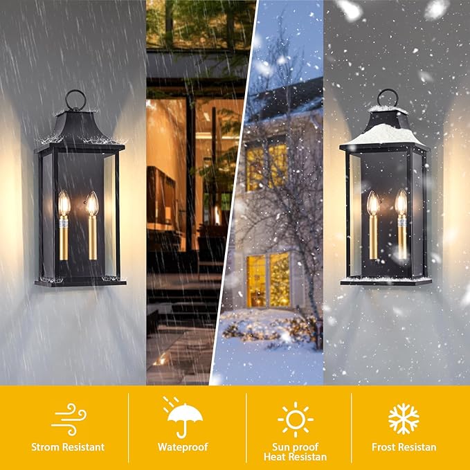 21In Large Dusk to Dawn Outdoor Wall Lights Fixture, 2-Light Black Gold Exterior Lighting Fixtures, Weather Resistant Patio Wall Light Fixture for Porch, Garage, Entrance, Backyard E12 Base