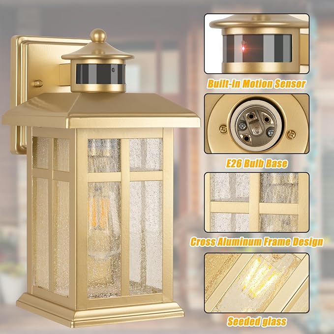2-Pack Gold Exterior Motion Wall Sconces, Outdoor Waterproof Wall Light Fixtures Wall Mount, Dusk to Dawn Outside Lights for House with E26 Socket, Outside Lighting for Doorway, Garden, Home
