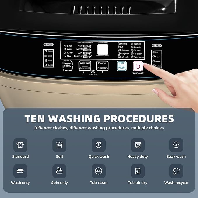 Portable Washing Machine 2.3 Cu. Ft. Full-Automatic Compact Washer Machine for Apartment, 10 Wash Program Small Portable Washer for Dorm, Apartment, RV, Home, Golden