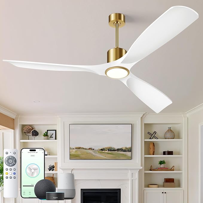 60" White and Gold Ceiling Fan with Lights,Smart Ceiling Fan Work with Alexa/Gg/App/Remote,3-Color Light Dimmable 6-Speed Quiet Reversible DC Motor for Patio Porch Bedroom
