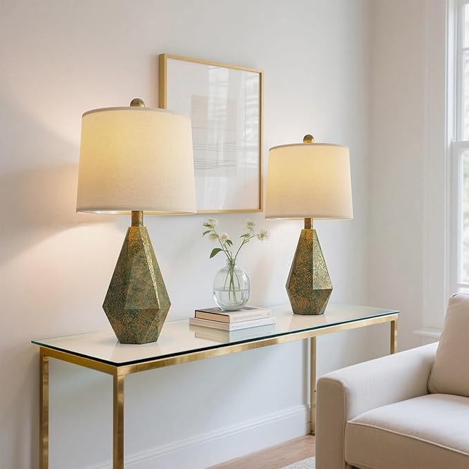 PoKat 20.25" Vintage Table Lamps Set of 2 for Night Stands, Modern Bedside Lamps for Bedroom Living Room, Farmhouse Bedroom Lamps for End Table, Suitable for Small Place, Retro Blue and Green