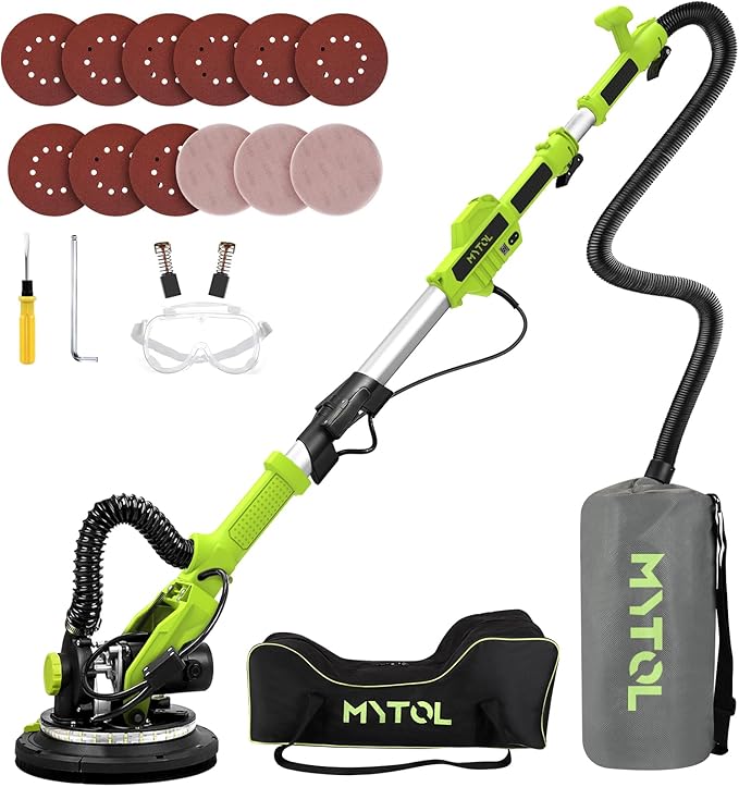 Drywall Sander, 7.2A Electric Drywall Sander with Vacuum Dust Collection, 6 Variable Speed 900-1800RPM, LED Light, Foldable & Extendable Handle, 9 Pcs Sandpaper&3 Pcs Grid Sandpaper, Full Green