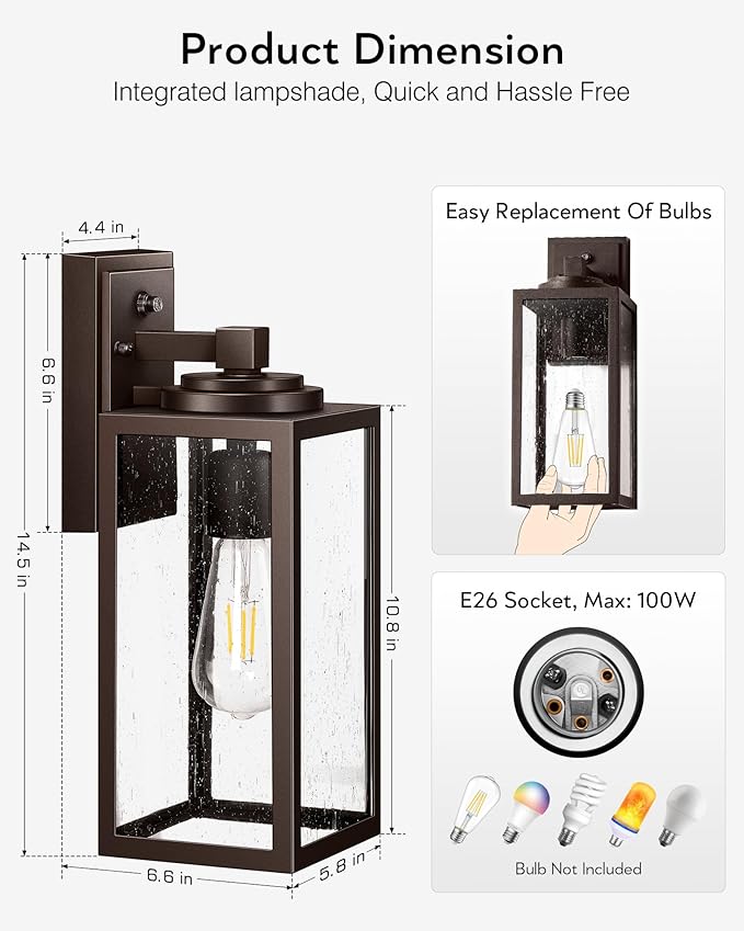 VIANIS 14.5" Outdoor Light Fixture, Oil Rubbed Bronze Dusk to Dawn Outdoor Lighting, Porch Lights with Tempered Seed Glass, Outside Lights for House, Porch, Waterproof Anti-Rust, 2 Pack