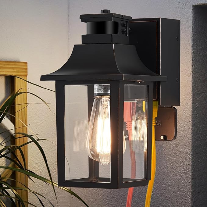 Porch Light with GFCI Outlet Dusk to Dawn Motion Sensor Outdoor Light 3 Light Modes Exterior Light Fixture Waterproof Outside Wall Light for House Patio Garage