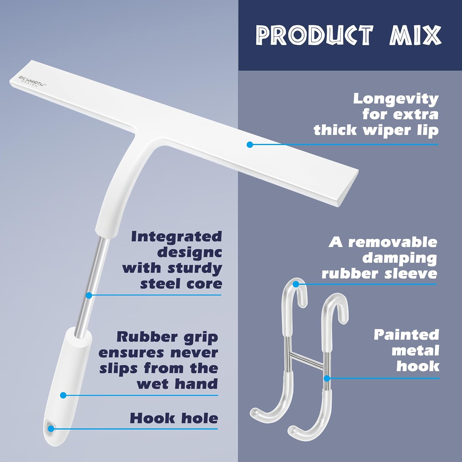 12 Inch Silicone Shower Squeegee for Glass Doors with Hook – Streak-Free Window Cleaner for Bathroom, Mirror, Tile & Car, No Scratch Squeegee with Metal Core