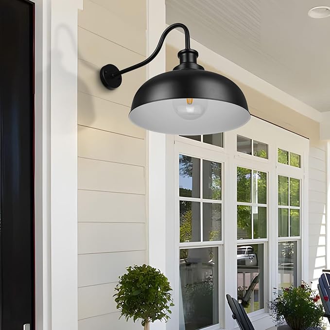 Outdoor Gooseneck Barn Light,16 Inch Dome Wall Sconce Farmhouse Exterior Mount Light Vintage Lighting Fixture Industrial Lantern, Entryway, Garage, 2 Pack, Black+White, (RZ007L-2 BK+WH)