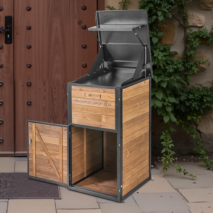 Outdoor Package Delivery Box with Lock - Weatherproof Parcel Drop Boxes for Porch, Anti-Theft Design, Wood-Grain Decorative Mailboxes for Secure Mail & Packages