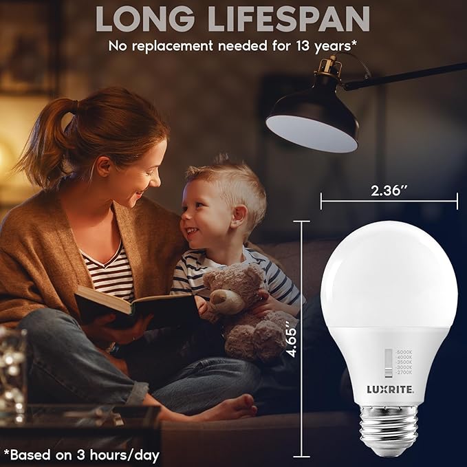 LUXRITE A19 LED Light Bulb 60 Watt Equivalent, CRI90, 5CCT 2700K 3000K 3500K 4000K 5000K, Dimmable, 800LM, Standard LED Light Bulbs 9W, E26 Base, ETL - Perfect for Lamps and Home Lighting (12 Pack)