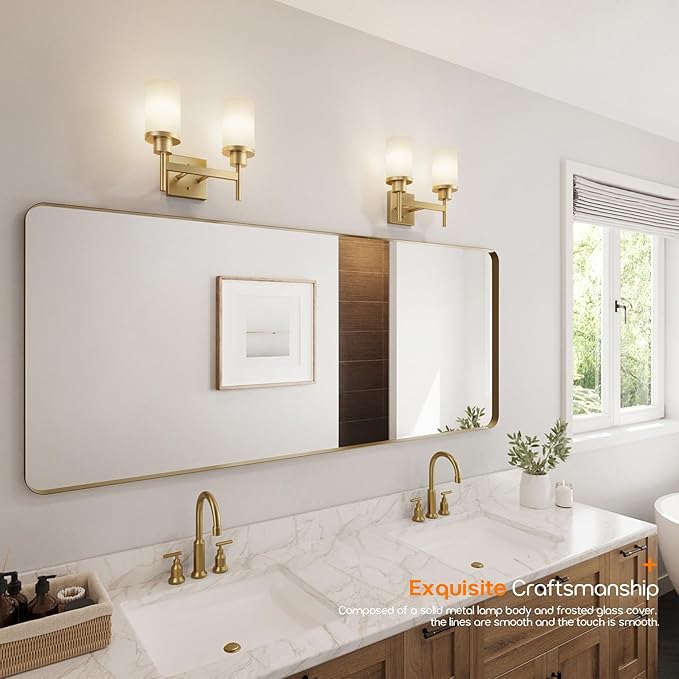 Vanity Lighting Fixtures with White Frosted Glass Shade, Double Wall Lamps for Bathroom Mirror Bedroom Living Room Washroom Porch, Gold T001GD-L2