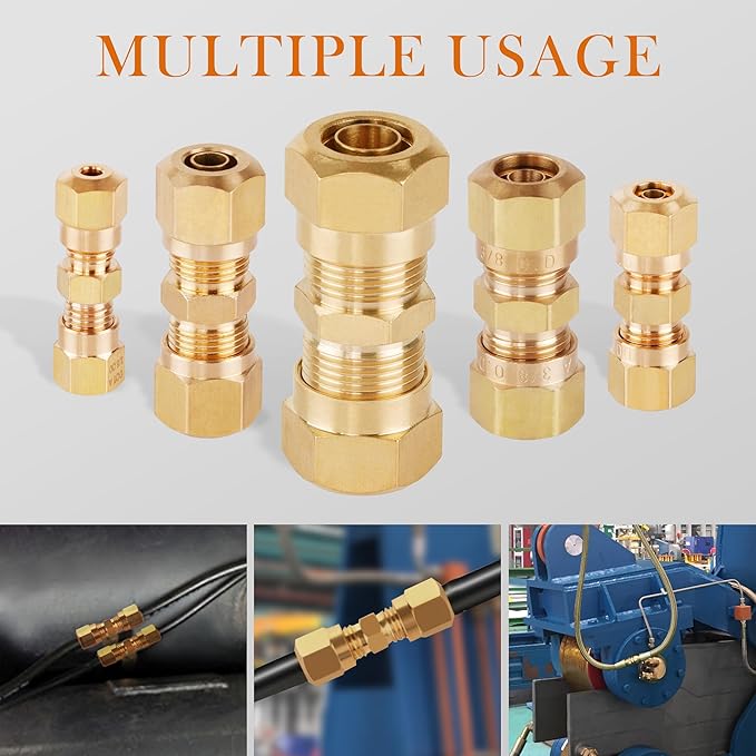 48 PCS DOT Brass Compression Air Brake Nylon Tubing Fittings,1/4" 1/8" 3/8" 1/2" 5/16" OD Straight Union Fitting Assortment Kit, DOT Air Line Fittings for Truck or Industrial Air System