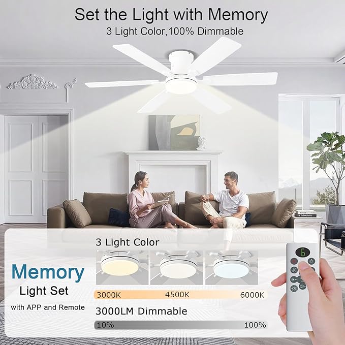 52inch Low Profile Ceiling Fan with Light and Remote/APP Control, LED Dimmable DC ReversibleModern, Flush Mount,6 Blade,White Ceiling Fan for Bedroom Living Room/Outdoor Use