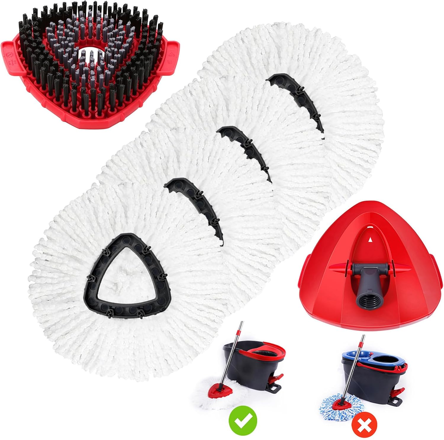 4 Pack Mop Replacement Heads Compatible with Oceda EasyWring 1-Tank System - Includes 1 Mop Scrub Brush Head,1 Mop Base,Microfiber Mop Refills, Easy Cleaning Mop Head Replacement(White)