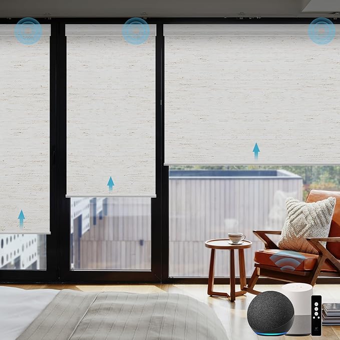 SmartWings Motorized Smart Blinds with Remote, Custom Automatic 100% Blackout Roller Shade Compatible with Alexa/Homekit/Google, Electric Smart Blinds for Indoor Windows, Linen White
