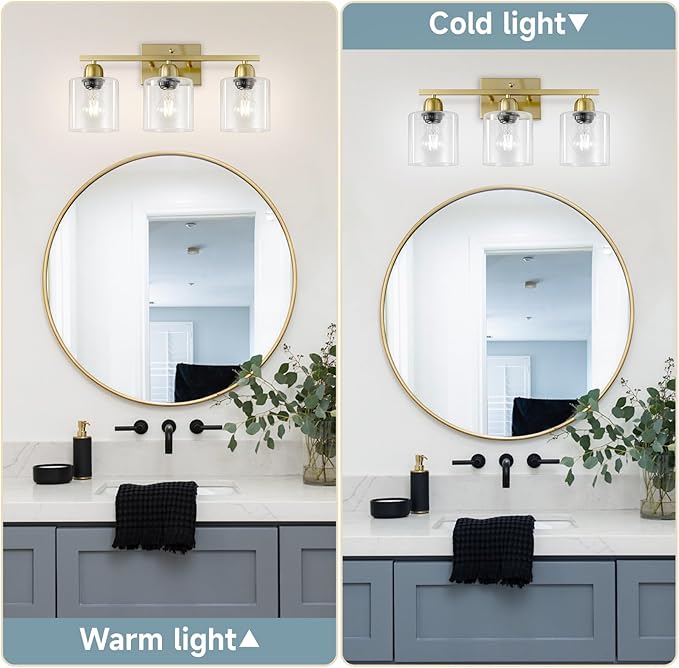 Modern Brushed Gold 3 Light Bathroom Light Fixtures, 19 inch Vanity Lights for Bathroom with Clear Glass for Mirror Kitchen Living Room Hallway Cabinet Porch