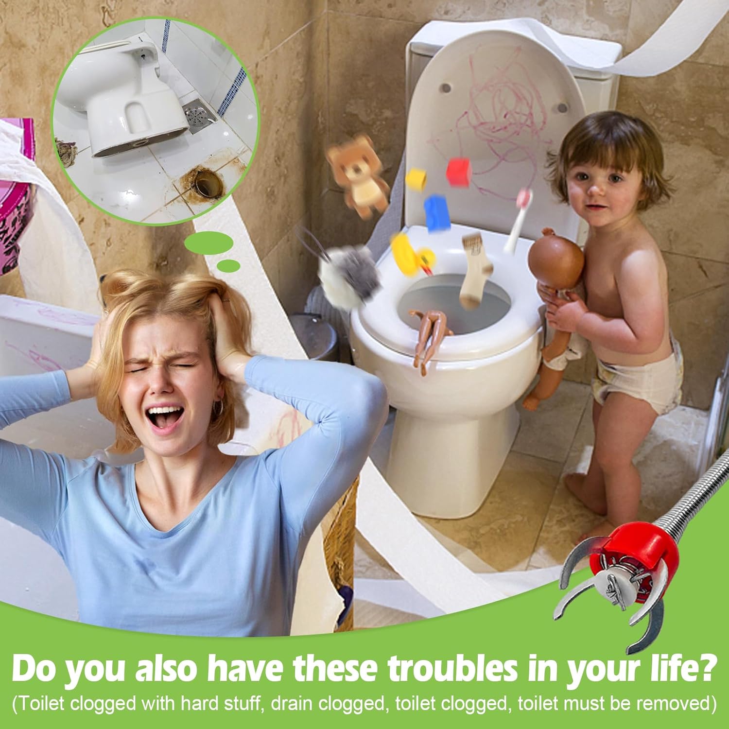 Drain Augers 68inch Toilet Snake Drain Clog Remover Toilet Auger Snake with 4 Claw Grabber Fits Pipes 1.6 Inches or Larger Flexible Clog Removal Tool for Toilets