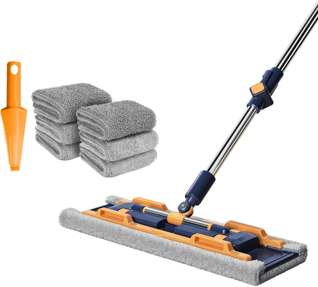 18" Microfiber Flat Mops for Floor Cleaning, Commercial Dust Mop for Hardwood Floors with Stainless Steel Handle - 6 Reusable Flat Mop Refills and 1 Dirt Removal Scrubber Included