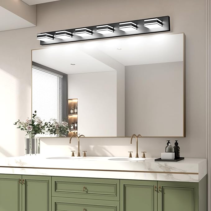 Ralbay 48inch Modern LED Vanity Light for Bathroom 6-Light Acrylic Modern LED Matte Black Bathroom Wall Vanity Lighting Fixtures Over Mirror