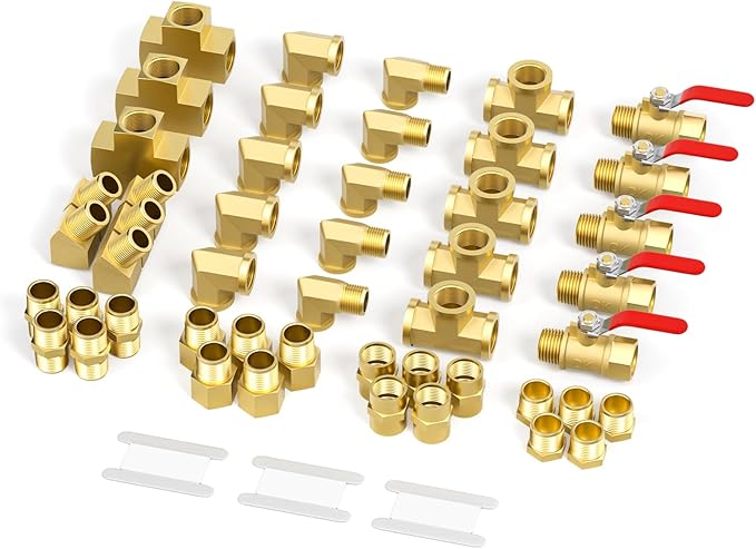 GASHER 48PCS 1/4"NPT Brass Pipe Fittings Kit，Coupling，90 Degree Elbow，45 Degree Elbow，Nipple，Ball Valve，Plug，Tee，4 Way，Reducer Adapter