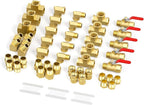 GASHER 48PCS 1/4"NPT Brass Pipe Fittings Kit，Coupling，90 Degree Elbow，45 Degree Elbow，Nipple，Ball Valve，Plug，Tee，4 Way，Reducer Adapter